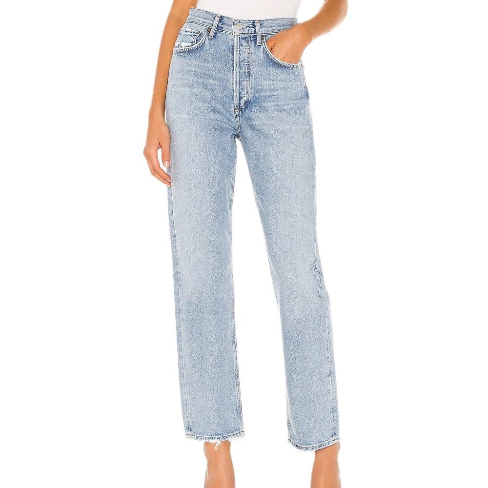 Agolde Blue Denim Light Wash 90s Mid Rise Loose Fit Ankle Jeans in Snapshot